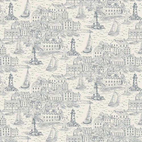 Cream fabric featuring a coastal village scene with lighthouses and sailboats from the High Tide Collection by Makower Fabrics