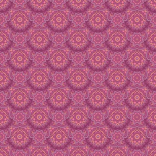A detailed close-up of the Setting Sun Terraced fabric from the At Days End Collection, featuring an intricate geometric pattern in coral, pink, and raspberry tones.