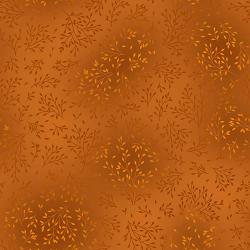Fin Fabrics Bloom & Blend Collection Orange Brown fabric with tonal leaf branches, warm amber background and botanical autumn-inspired design