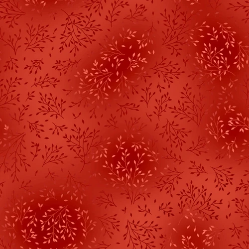 Fin Fabrics Bloom & Blend Collection Red fabric with rich red background, tonal leaf branches and botanical foliage design