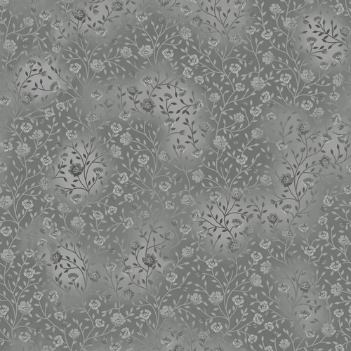 Fin Fabrics Bloom & Blend Collection Gray fabric with soft grey background, delicate floral vines, blossoms, buds and botanical stems