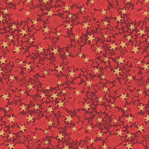 Emily Star in Red by Liberty Fabrics, featuring tonal florals and gold stars on deep red cotton