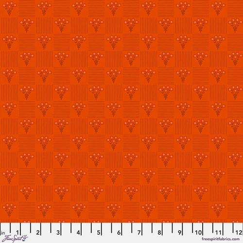 Free Spirit Pop Cloth Life - Love fabric featuring orange patchwork-style blocks with floral bouquets and striped geometric details