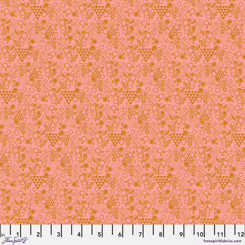 Free Spirit Pop Cloth Dance - Love fabric featuring pink background with coral geometric shapes, florals, circles and decorative motifs