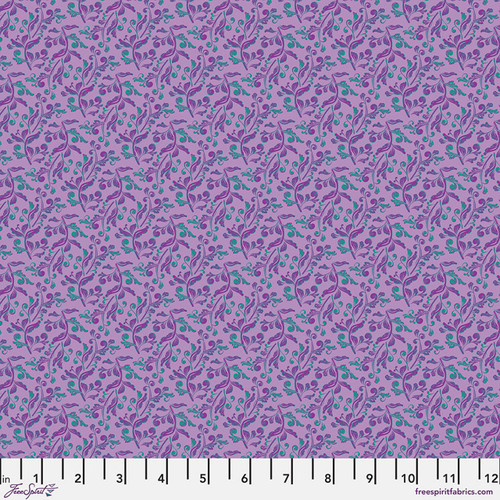 Free Spirit Pop Cloth Punk - Soul fabric featuring lavender background with violet botanical vines, leaves and scrolling floral motifs