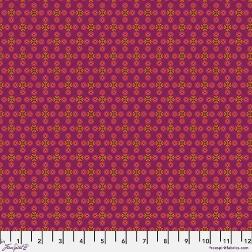 Free Spirit Pop Cloth Vivid - Love fabric featuring magenta purple background with pink and ochre geometric floral motifs