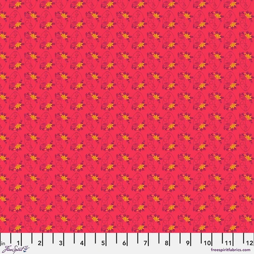 Free Spirit Pop Cloth Portrait - Love fabric featuring abstract line-drawn faces and yellow floral motifs on a vibrant pink background