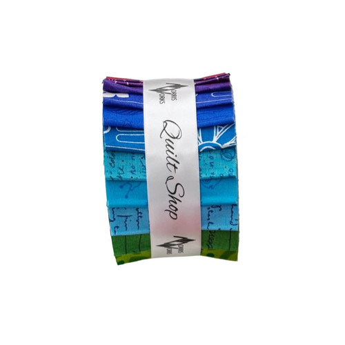 Rainbow Burst Strip Roll fabric detail showing bold Andover Fabrics prints in blue, aqua, green and violet rainbow shades.