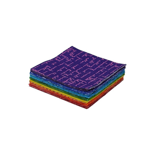 Rainbow Burst 2.5" Mini Charm Squares stacked to show layered rainbow colours and bold Andover Fabrics prints.