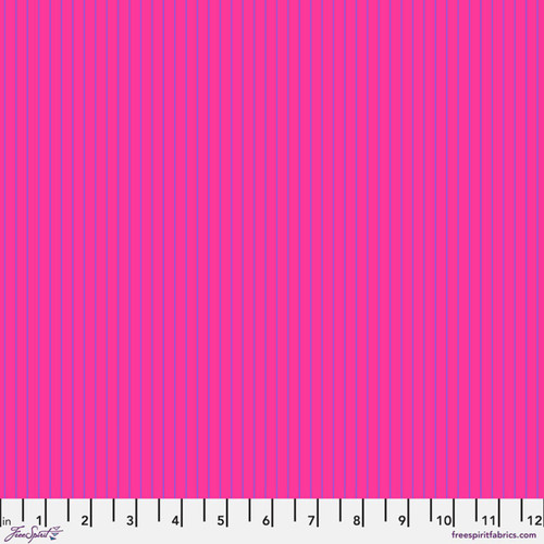 Tiny Stripes in Mystic by Tula Pink for FreeSpirit Fabrics featuring fine purple vertical stripes on a vibrant pink background from the True Colors collection.