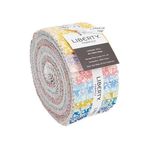 Emily Belle Fabric Strip Roll by Liberty Fabrics containing 40 different 2.5 inch Lasenby cotton fabric strips in coordinating floral prints