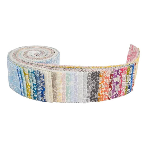 Unrolled pack of Emily Belle Fabric Strip s to show the 40 different 2.5 inch Lasenby cotton fabric strips in coordinating floral prints