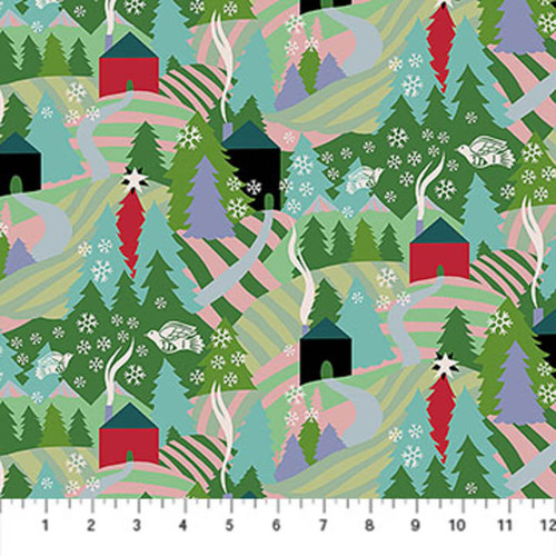 Northcott Cozy Christmas Collection Flurry Morning quilting fabric with ruler to show scale