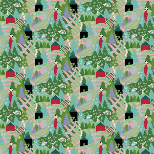 Northcott Cozy Christmas Collection Flurry Morning quilting fabric featuring green winter landscapes, cabins, Christmas trees, winding paths and snowflakes.
