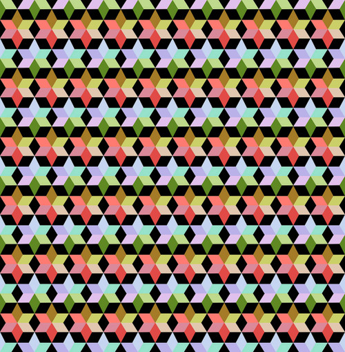 Northcott Cozy Christmas Collection Starlight Attic quilting fabric featuring a black background with colourful geometric diamond motifs.