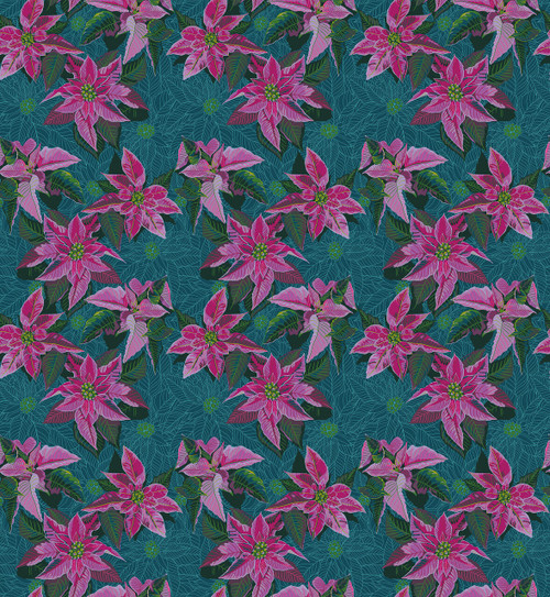 Northcott Cozy Christmas Collection Poinsettia Flourish quilting fabric featuring pink poinsettia flowers with teal background and lush botanical foliage.