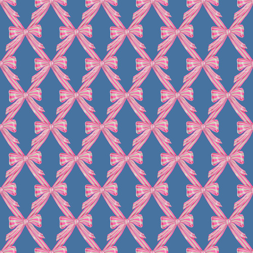 Northcott Cozy Christmas Collection Wrapped Friendly quilting fabric featuring pink striped ribbon bows on a blue background.