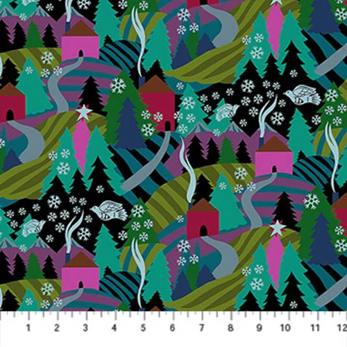 Northcott Cozy Christmas Collection Flurry Midnight quilting fabric with ruler to show scale