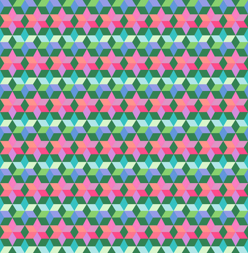 Northcott Cozy Christmas Collection Starlight Cookie quilting fabric featuring colourful geometric cube and diamond patterns in green, pink, aqua and lavender.
