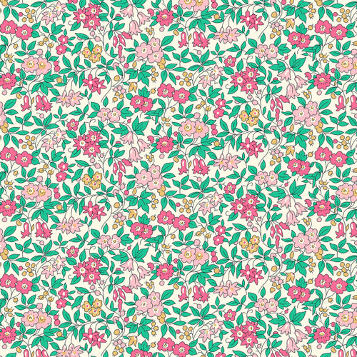 Liberty Everlasting Collection Forget Me Not Blossom B quilting fabric featuring pink and blush flowers with green foliage on a cream background.