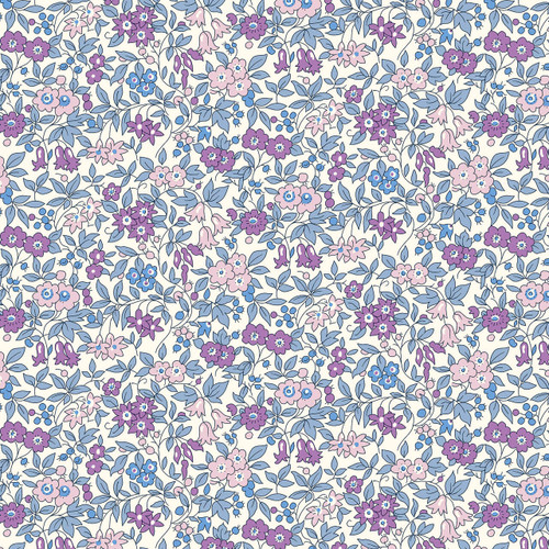 Liberty Everlasting Collection Forget Me Not Blossom A quilting fabric featuring blue, violet and soft pink flowers with dusty blue foliage on a cream background.