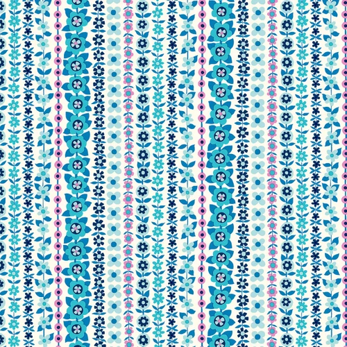 Liberty Everlasting Collection Soho Stripe A quilting fabric featuring blue, turquoise and pink floral stripes on a cream background.