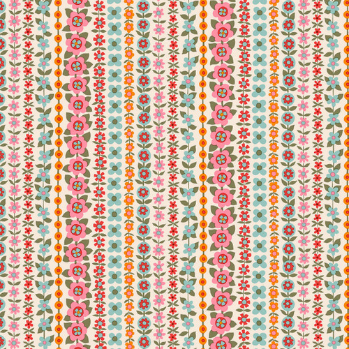 Liberty Everlasting Collection Soho Stripe B quilting fabric featuring coral pink, turquoise, aqua and orange floral stripes on a cream background.