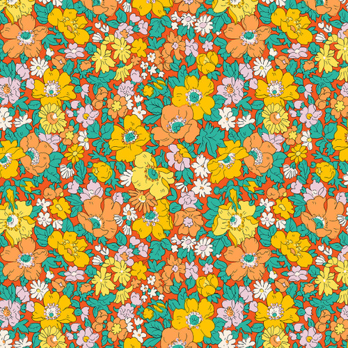 Liberty Everlasting Collection Cosmos Song B quilting fabric featuring yellow, peach and white flowers with turquoise foliage on an orange background.