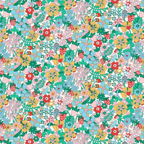 Liberty Everlasting Collection Flowertop Forest B quilting fabric featuring strawberries, mushrooms, colourful flowers and green foliage on a cream background.