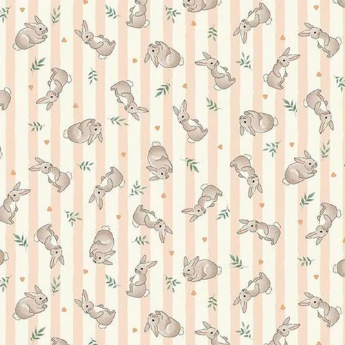 Makower UK Little Ones Bunnies Coral fabric with illustrated rabbits on soft coral and cream striped cotton print