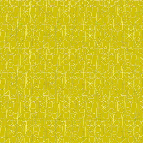 Chartreuse yellow cotton fabric with intricate white alphabet design from the Soliloquy collection designed by Alison Glass for Andover Fabrics.