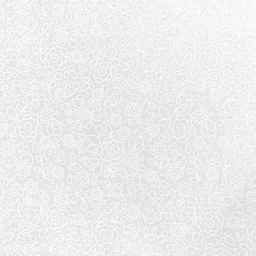 Close-up of Fabric Freedom Flower Patch white-on-white cotton fabric featuring outlined flowers, leaves and subtle tonal detailing.