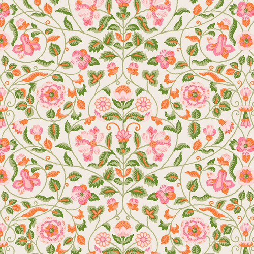 Traditional floral fabric with pink, coral, and green Jacobean motifs on ivory – Tapestry Trail in Pink from the Liberty Craft Garden collection
