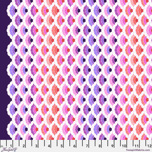 Free Spirit Floral Reef Aquatic Lace Ultraviolet fabric featuring layered scallop and fish scale motifs in violet, pink, coral, and lavender tones.
