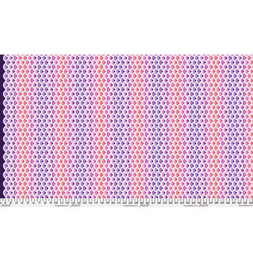Full Width view of Free Spirit Floral Reef Aquatic Lace Ultraviolet fabric featuring layered scallop and fish scale motifs in violet, pink, coral, and lavender tones.