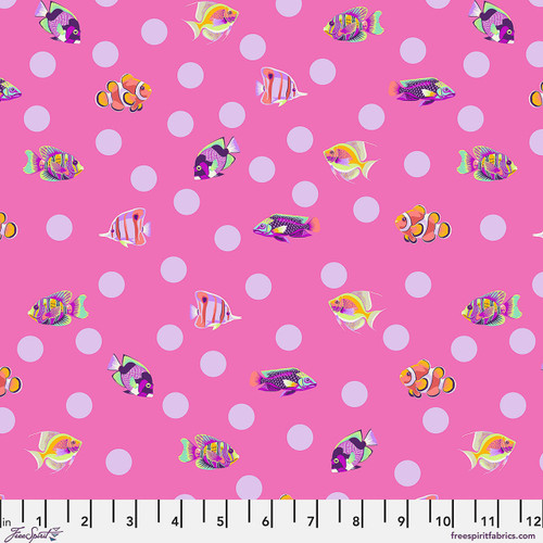 Free Spirit Floral Reef School Crossing Delphine fabric featuring colourful tropical fish on a bright pink polka dot background.