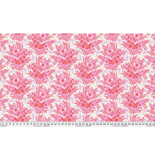 Full Width view of Free Spirit Floral Reef Shadow Sharks Delphine fabric featuring pink coral reef florals and hidden lavender shark silhouettes.