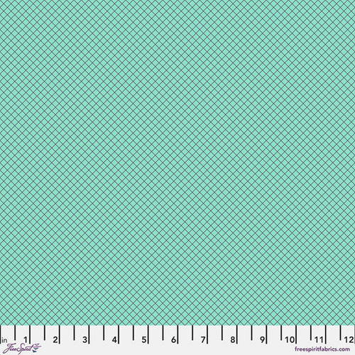 Free Spirit True Colors On the Grid Raindrop fabric featuring a navy crosshatch grid on a fresh aqua raindrop background.