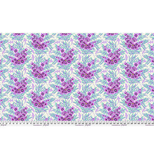 Full Width view of Free Spirit Floral Reef Shadow Sharks Ultraviolet fabric featuring purple reef florals, mint sea plants, and hidden shark silhouettes.