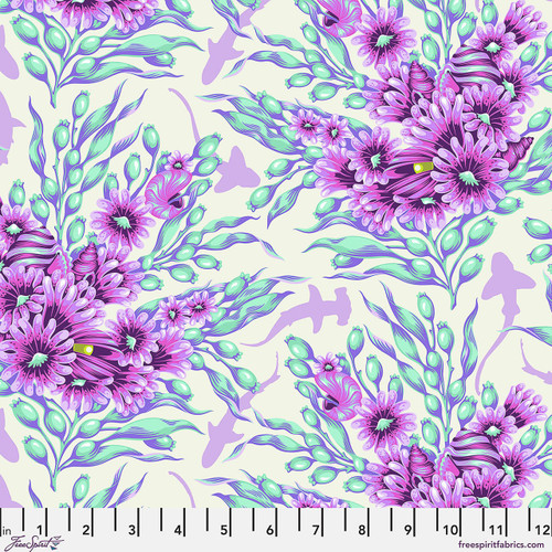 Free Spirit Floral Reef Shadow Sharks Ultraviolet fabric featuring purple reef florals, mint sea plants, and hidden shark silhouettes.