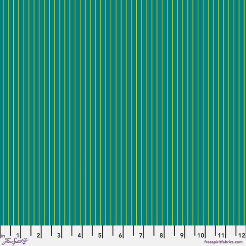 Tiny Stripes in Songbird by Tula Pink for FreeSpirit Fabrics featuring fine golden yellow vertical stripes on a rich teal blue background from the True Colors collection.