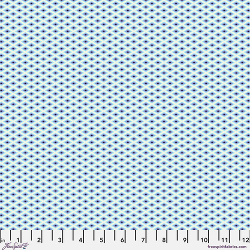 Free Spirit Floral Reef Lighthouse Windows Marine fabric featuring repeating geometric diamond motifs in aqua, blue, lavender, and navy tones.