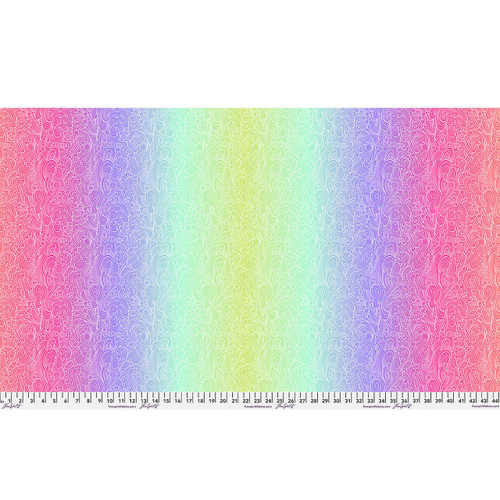 Full Width view of Free Spirit Floral Reef Riptide DeepDive fabric featuring swirling pastel bands in pink, purple, aqua, blue, and green abstract motifs.