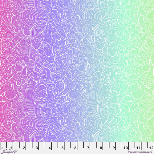 Free Spirit Floral Reef Riptide DeepDive fabric featuring swirling pastel bands in pink, purple, aqua, blue, and green abstract motifs.