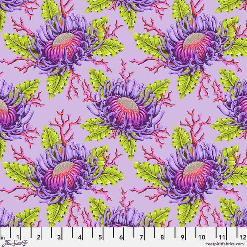 Free Spirit Floral Reef Friends & Anemones Ultraviolet fabric featuring oversized reef floral motifs in purple, pink, coral, and lime.