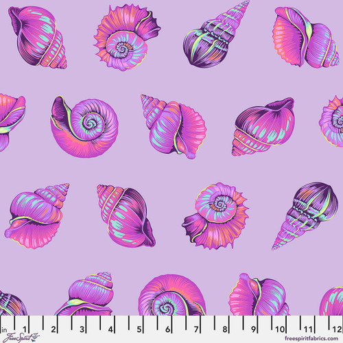 Free Spirit Floral Reef Lil Shelly Ultraviolet fabric featuring colourful tropical shell motifs on a soft ultraviolet lavender background.