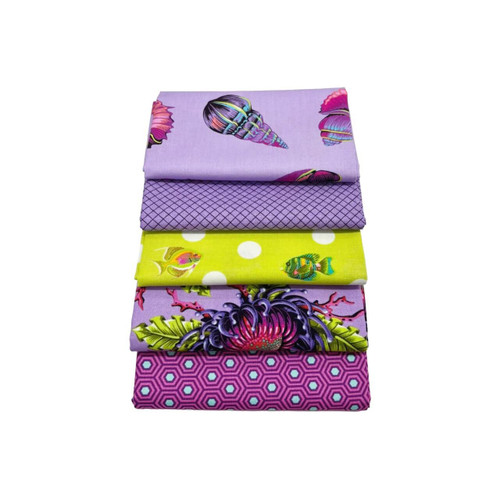 Stacked Ultraviolet Reef fat quarter bundle featuring five Tula Pink Floral Reef and True Colors fabrics in purple, lilac and chartreuse.