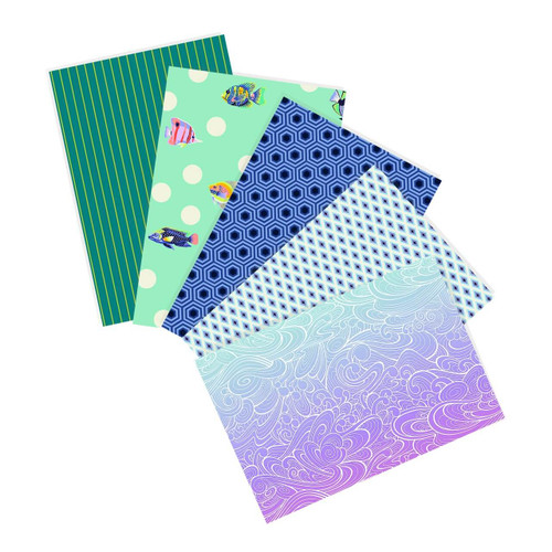 Seafoam Dreams Tula Pink fat quarter bundle with five coordinated Floral Reef and True Colors quilting fabrics in blue, aqua and seafoam green.