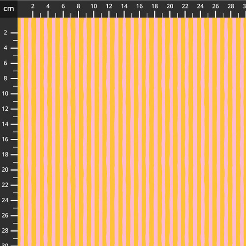 Drawn Stripe Vervain fabric by Heather Ross for Windham Fabrics, featuring hand-drawn vertical stripes in golden orange and light pink on quilting cotton.