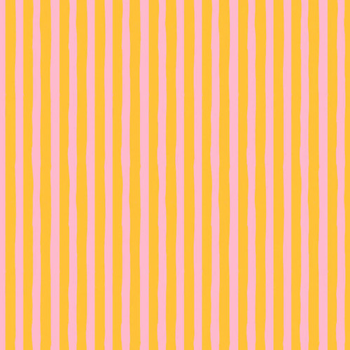 Close up Drawn Stripe Vervain fabric by Heather Ross for Windham Fabrics, featuring hand-drawn vertical stripes in golden orange and light pink on quilting cotton.
